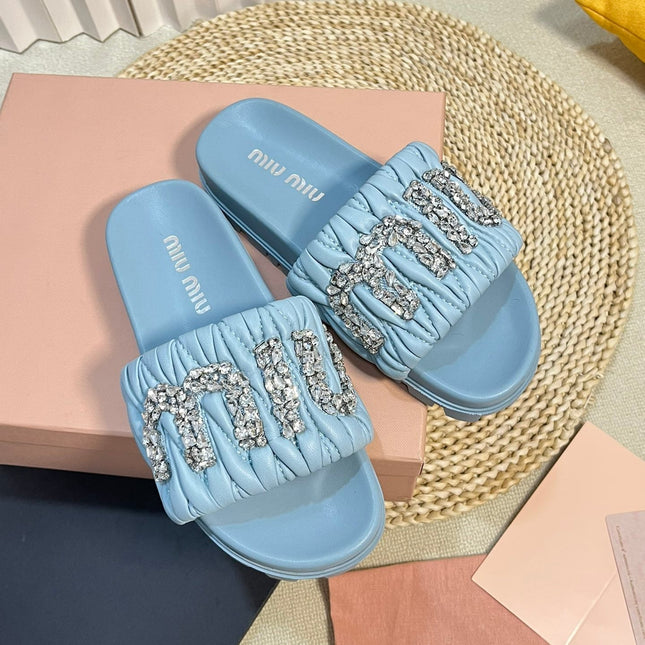 Sky Blue Sheepskin Diamond Slippers