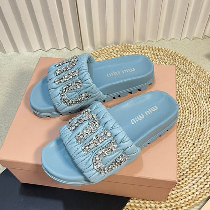 Sky Blue Sheepskin Diamond Slippers