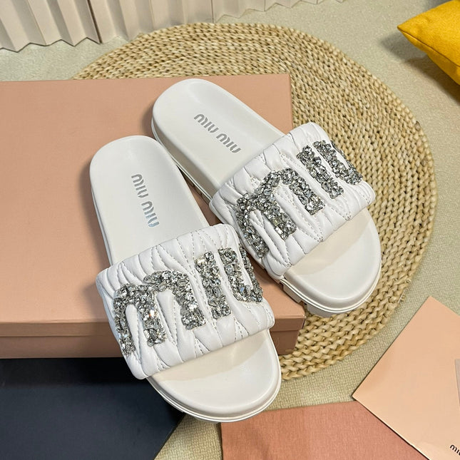 White Sheepskin Diamond Slippers