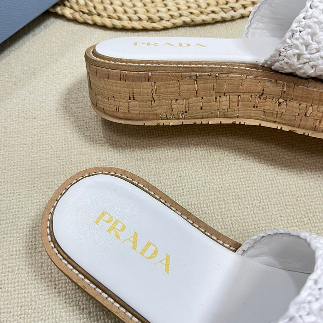 PRA WEDGE FLATFORM SLIDES WHITE RAFFIA