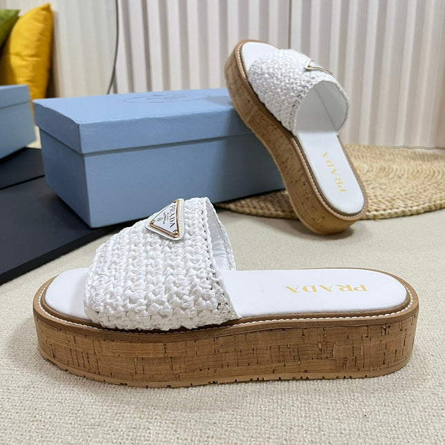 PRA WEDGE FLATFORM SLIDES WHITE RAFFIA