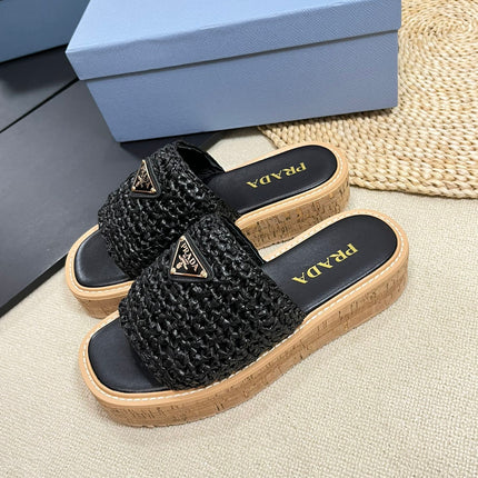 PRA WEDGE FLATFORM SLIDES BLACK RAFFIA