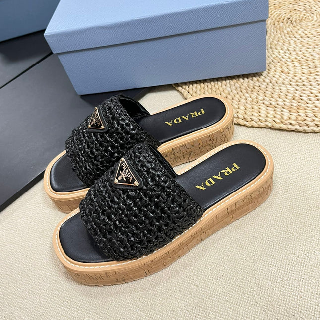 PRA WEDGE FLATFORM SLIDES BLACK RAFFIA
