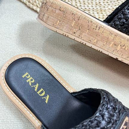 PRA WEDGE FLATFORM SLIDES BLACK RAFFIA