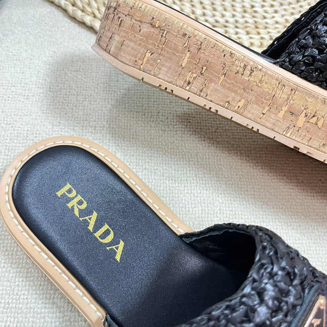 PRA WEDGE FLATFORM SLIDES BLACK RAFFIA