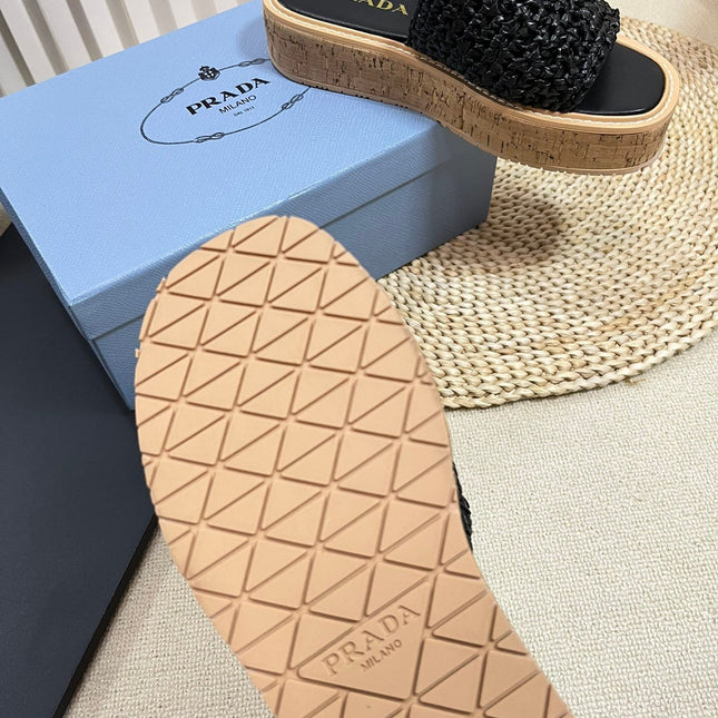 PRA WEDGE FLATFORM SLIDES BLACK RAFFIA