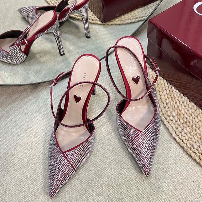 HIGH SLINGBACK 10 CM IN CHERRY RED SILK WITH FULL RHINSTONES