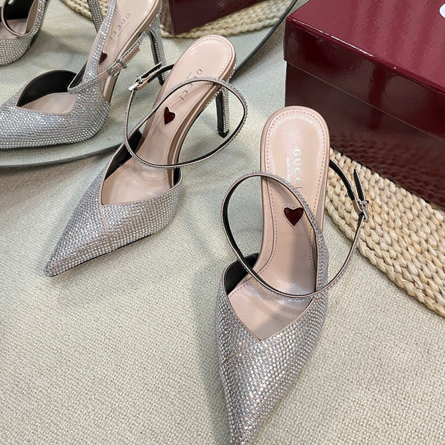 HIGH SLINGBACK 10 CM IN BEIGE SILK WITH FULL RHINSTONES
