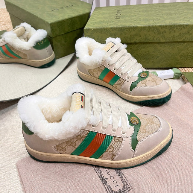 SNEAKER WITH WEB IN BEIGE GREEN FABRIC MIX SUEDE AND LAMB WOOL LINING