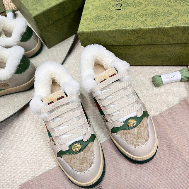 SNEAKER WITH WEB IN BEIGE GREEN FABRIC MIX SUEDE AND LAMB WOOL LINING