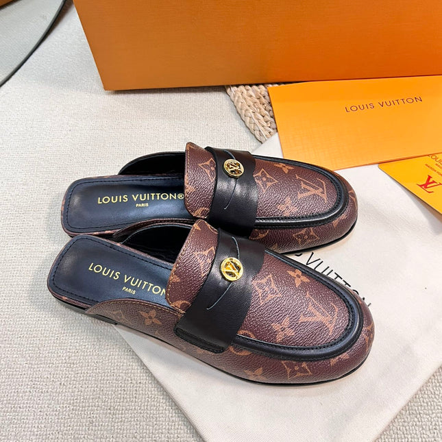 LV CAPRI OPEN BACK LOAFERS IN CHESTNUT BROWN MONOGRAM CALFSKIN