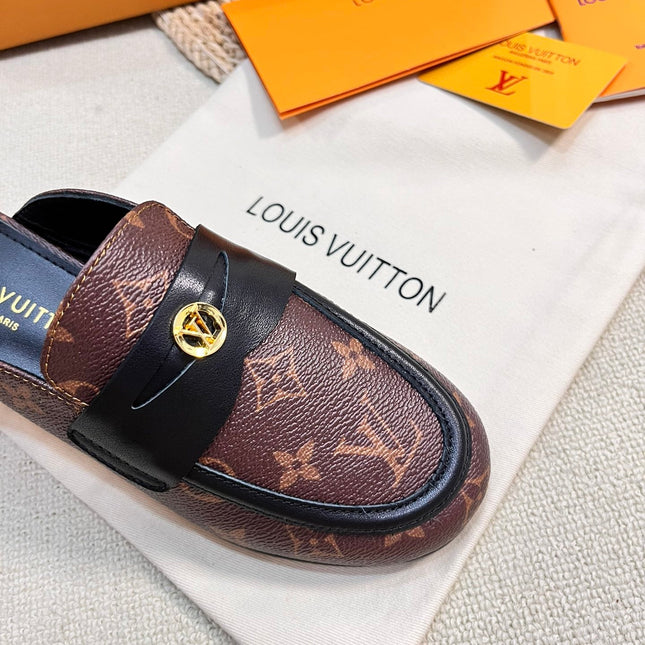 LV CAPRI OPEN BACK LOAFERS IN CHESTNUT BROWN MONOGRAM CALFSKIN
