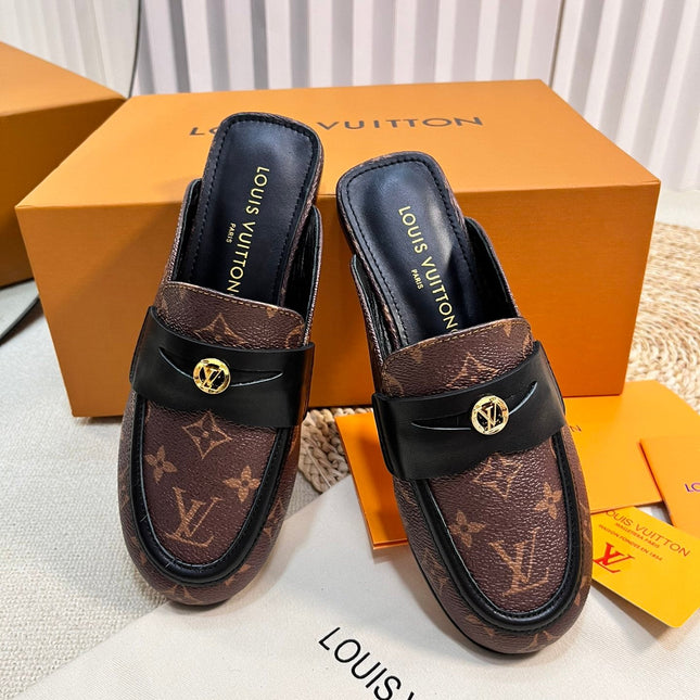 LV CAPRI OPEN BACK LOAFERS IN CHESTNUT BROWN MONOGRAM CALFSKIN