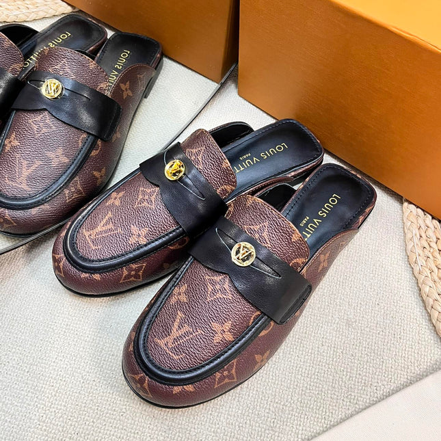 LV CAPRI OPEN BACK LOAFERS IN CHESTNUT BROWN MONOGRAM CALFSKIN