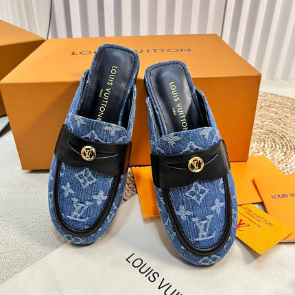LV CAPRI OPEN BACK LOAFERS IN COBALT BLUE MONOGRAM DENIM
