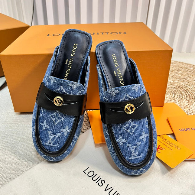 LV CAPRI OPEN BACK LOAFERS IN COBALT BLUE MONOGRAM DENIM