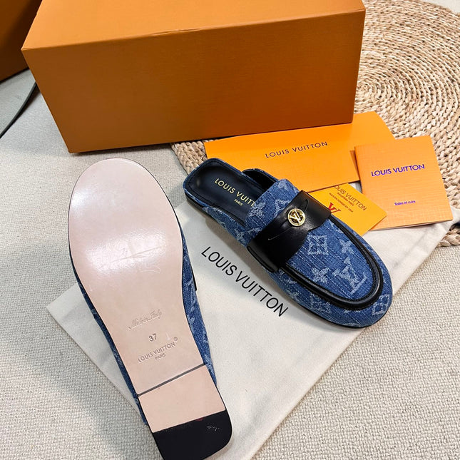 LV CAPRI OPEN BACK LOAFERS IN COBALT BLUE MONOGRAM DENIM