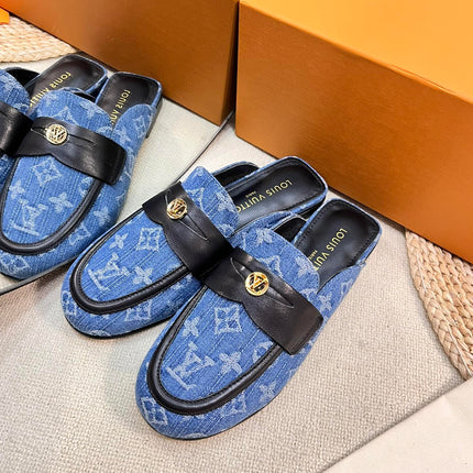 LV CAPRI OPEN BACK LOAFERS IN COBALT BLUE MONOGRAM DENIM