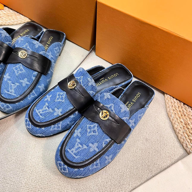LV CAPRI OPEN BACK LOAFERS IN COBALT BLUE MONOGRAM DENIM