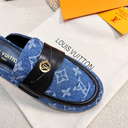 LV CAPRI OPEN BACK LOAFERS IN COBALT BLUE MONOGRAM DENIM