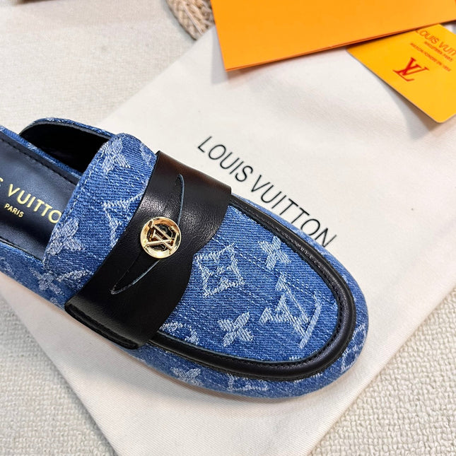 LV CAPRI OPEN BACK LOAFERS IN COBALT BLUE MONOGRAM DENIM