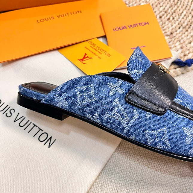 LV CAPRI OPEN BACK LOAFERS IN COBALT BLUE MONOGRAM DENIM