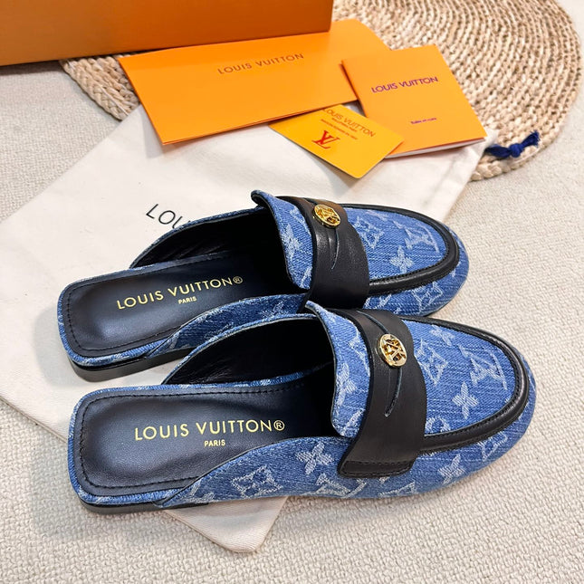 LV CAPRI OPEN BACK LOAFERS IN COBALT BLUE MONOGRAM DENIM