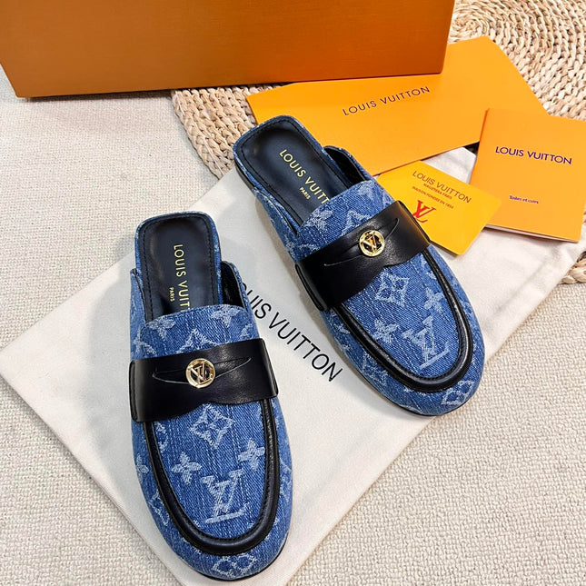 LV CAPRI OPEN BACK LOAFERS IN COBALT BLUE MONOGRAM DENIM