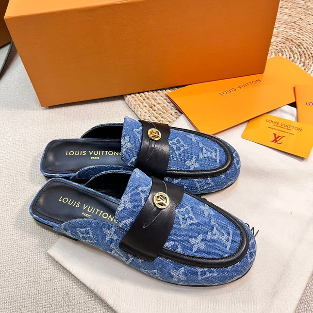 LV CAPRI OPEN BACK LOAFERS IN COBALT BLUE MONOGRAM DENIM