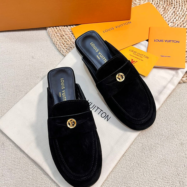 LV CAPRI OPEN BACK LOAFERS IN BLACK SUEDE