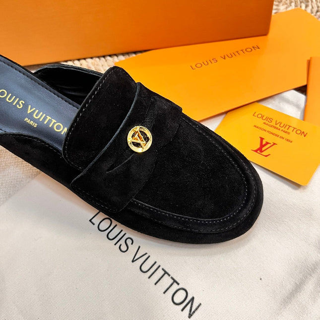 LV CAPRI OPEN BACK LOAFERS IN BLACK SUEDE