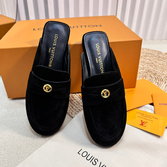 LV CAPRI OPEN BACK LOAFERS IN BLACK SUEDE