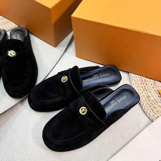 LV CAPRI OPEN BACK LOAFERS IN BLACK SUEDE