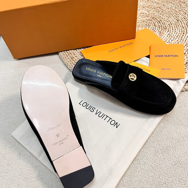 LV CAPRI OPEN BACK LOAFERS IN BLACK SUEDE