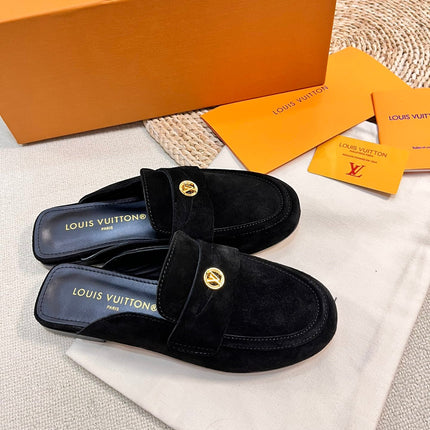 LV CAPRI OPEN BACK LOAFERS IN BLACK SUEDE
