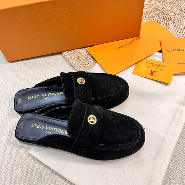 LV CAPRI OPEN BACK LOAFERS IN BLACK SUEDE