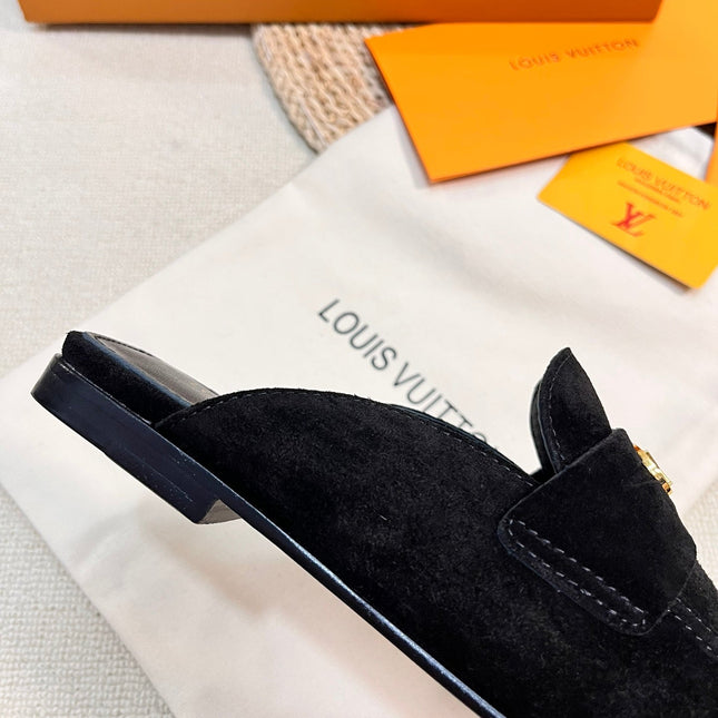 LV CAPRI OPEN BACK LOAFERS IN BLACK SUEDE