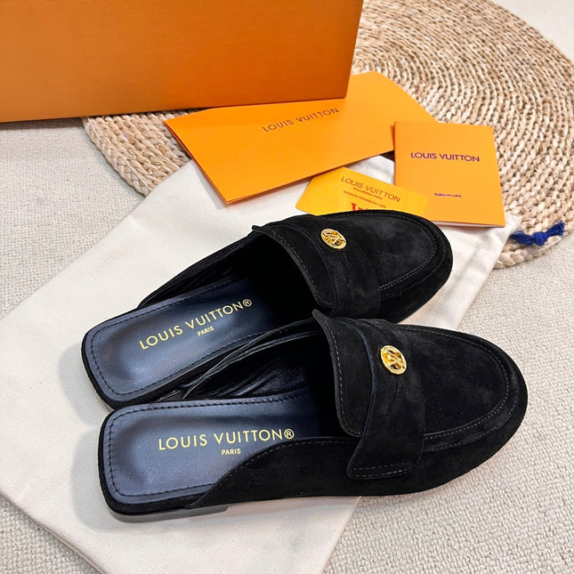 LV CAPRI OPEN BACK LOAFERS IN BLACK SUEDE
