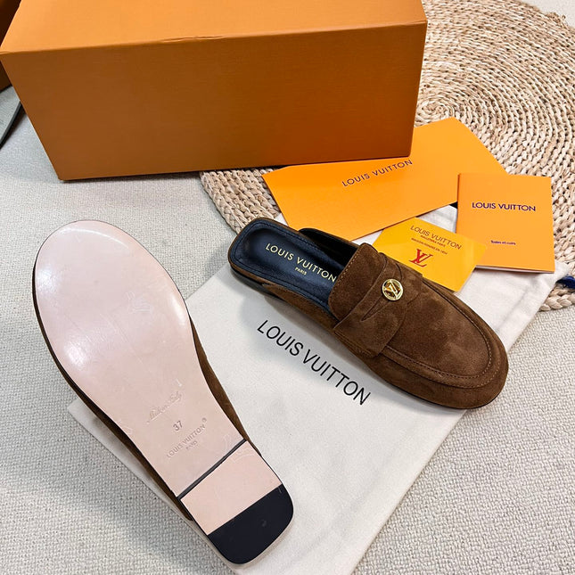 LV CAPRI OPEN BACK LOAFERS IN CHOCOLATE BROWN SUEDE
