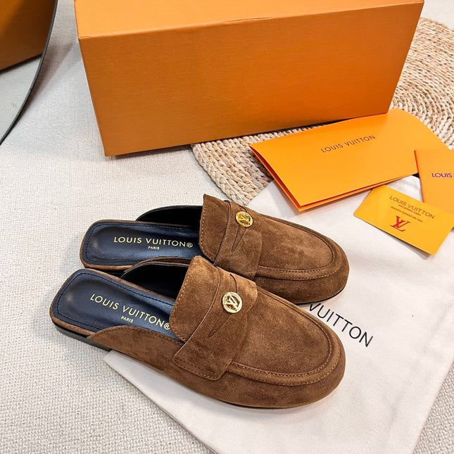 LV CAPRI OPEN BACK LOAFERS IN CHOCOLATE BROWN SUEDE