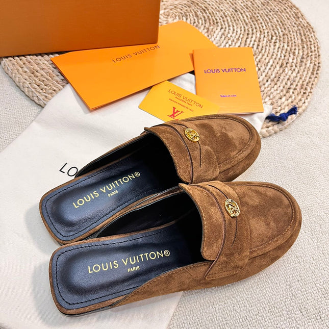 LV CAPRI OPEN BACK LOAFERS IN CHOCOLATE BROWN SUEDE