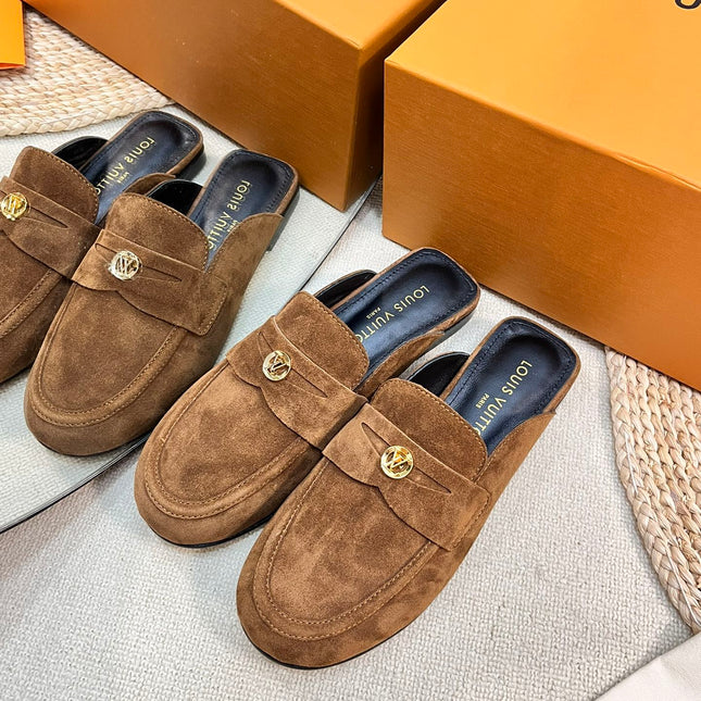 LV CAPRI OPEN BACK LOAFERS IN CHOCOLATE BROWN SUEDE