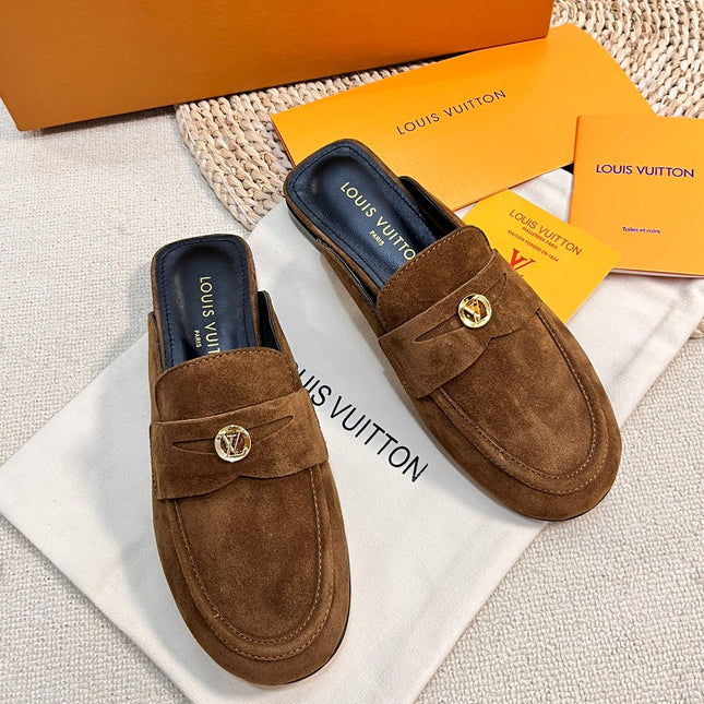 LV CAPRI OPEN BACK LOAFERS IN CHOCOLATE BROWN SUEDE