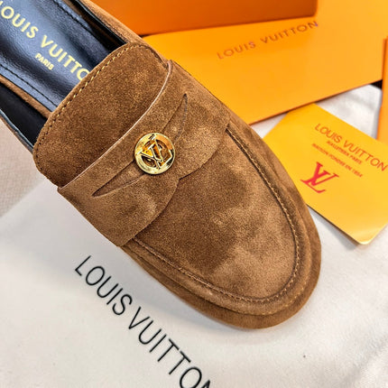 LV CAPRI OPEN BACK LOAFERS IN CHOCOLATE BROWN SUEDE