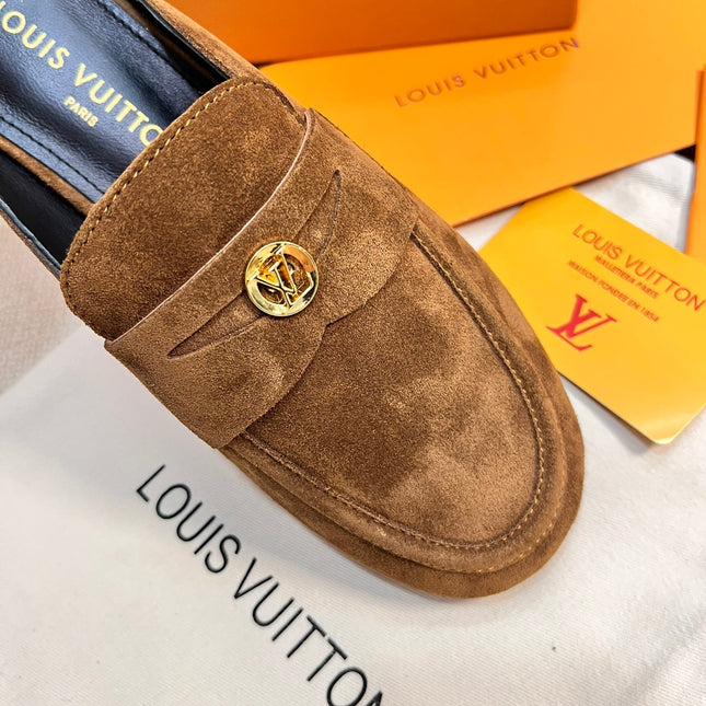 LV CAPRI OPEN BACK LOAFERS IN CHOCOLATE BROWN SUEDE
