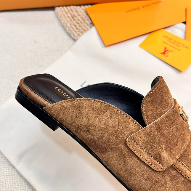 LV CAPRI OPEN BACK LOAFERS IN CHOCOLATE BROWN SUEDE