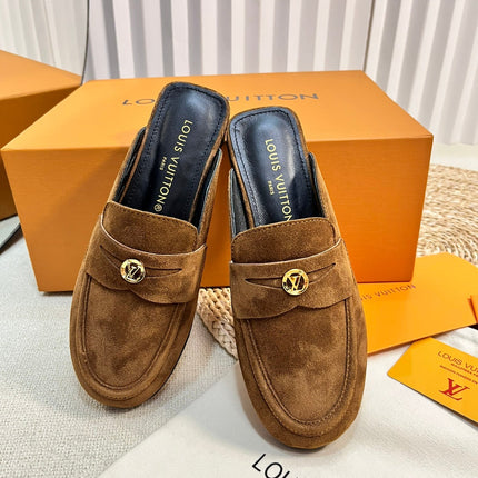 LV CAPRI OPEN BACK LOAFERS IN CHOCOLATE BROWN SUEDE
