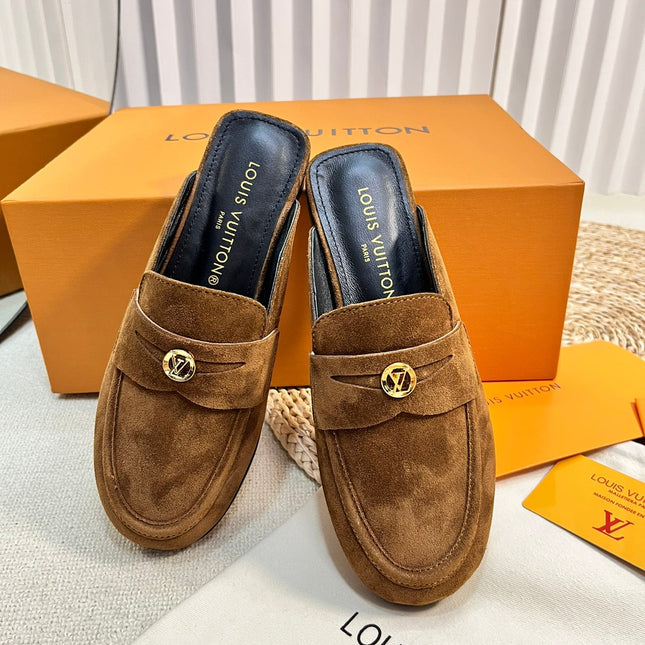 LV CAPRI OPEN BACK LOAFERS IN CHOCOLATE BROWN SUEDE