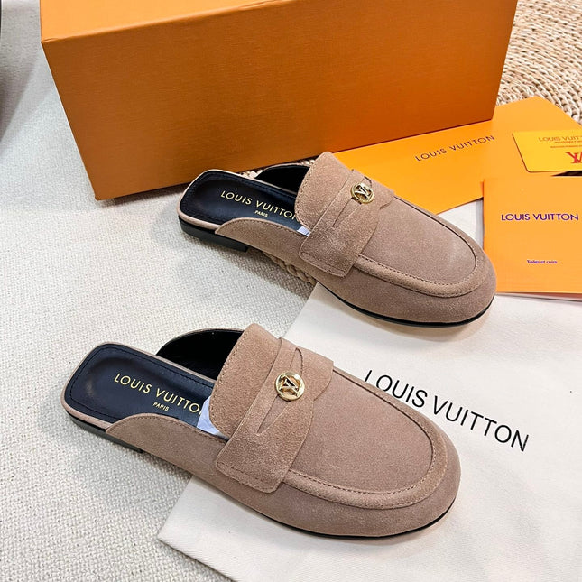 LV CAPRI OPEN BACK LOAFERS IN MEDIUM BROWN SUEDE