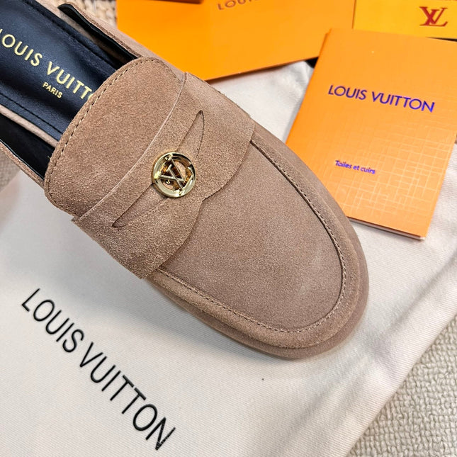 LV CAPRI OPEN BACK LOAFERS IN MEDIUM BROWN SUEDE